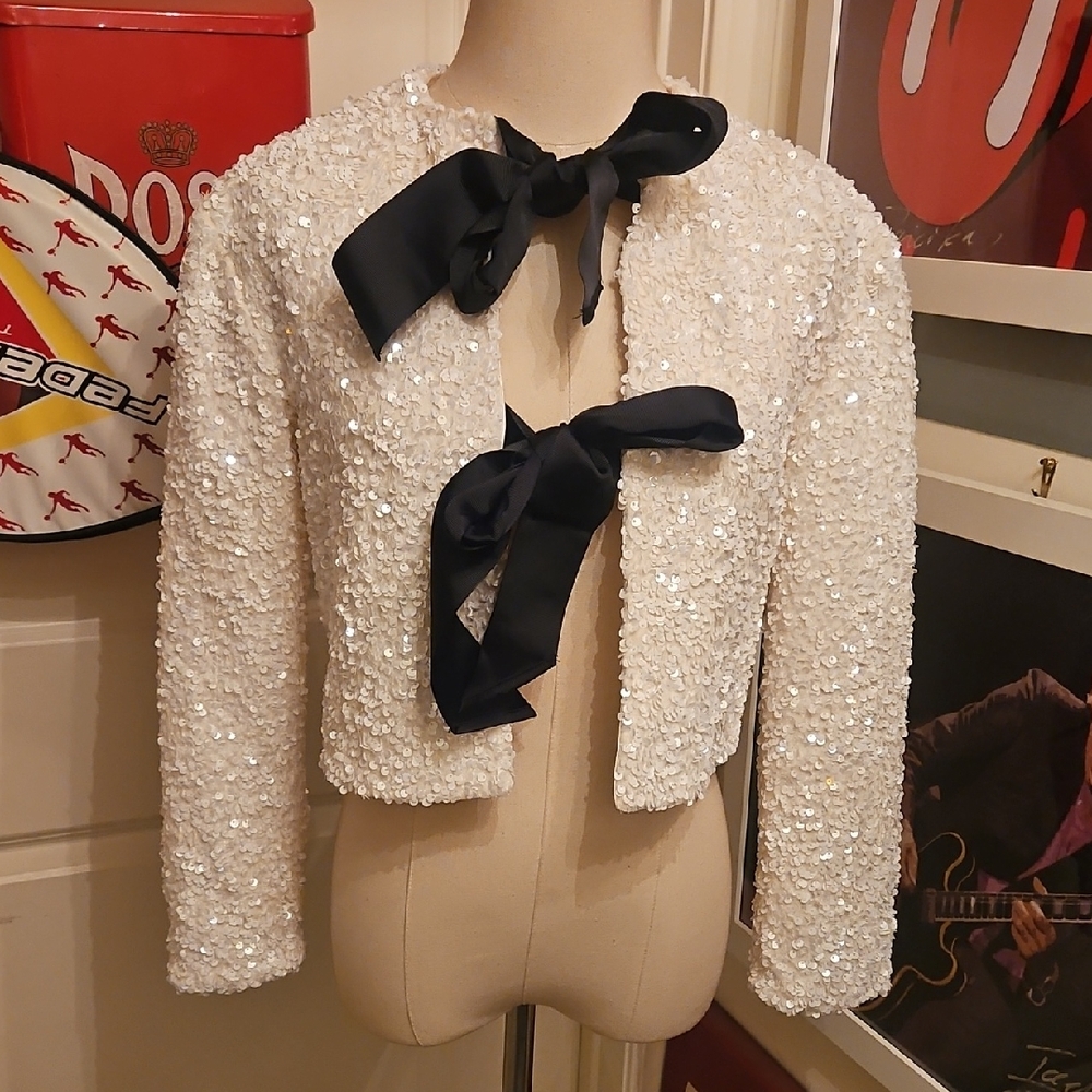 H&M White Sequin Cropped Jacket with Black Ribbon Bows - Picture 1 of 6